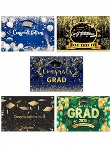 1 件可定制姓名 2025 届毕业生庆祝派对横幅，涤纶材质学士帽蓝/黑金/蓝金/绿图案摄影背景，个性化大学毕业横幅教室背景，家居和户外装饰用品，毕业典礼，派对装饰，三种尺寸可供选择