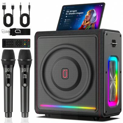  JYX Karaoke System With 2 Wireless Microphones | Bluetooth 5.3 Speaker With Bass/Treble Control & Pitch Correction | PA System With Echo Effect | Supports TV/TF Card/USB/AUX/Live/Recording For Home Parties