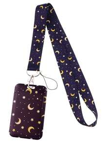 黑色月亮图案挂绳，带证件卡套，可爱涂鸦星空钥匙扣挂绳，男女通用，适合教职工和学生，返校用品 - 彩色 - 查看 10