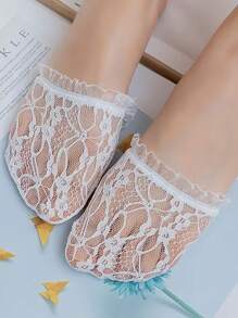 1 Pair/2 Pairs Women's Solid Color Lace Non-Slip Invisible Toe Socks, Suitable For Daily Wear