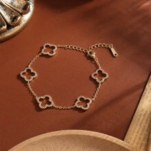 1pc Lucky 18K Gold Plated Hollow Clover Bracelets For Women Golden-Tone Cubic Zirconia Paved Stainless Steel Chains Copper Band Bangle For Party And Daily Wear