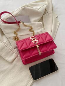 Bolsa quadrada pequena com aba, padrão de losango de cor sólida, bolsa transversal com alça de corrente de PU da moda, decoração de borla, mini bolsa de ombro, carteira, adequada para compras - Pink - Visão 9