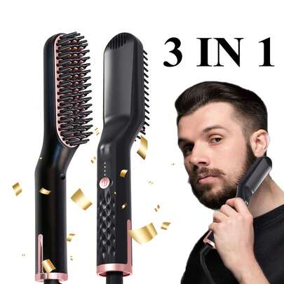 UKLISS Mini 3-In-1 Beard Straightener Comb + Hair Styling Brush | Portable All-In-One Detangling & Straightening Tool For Men & Women