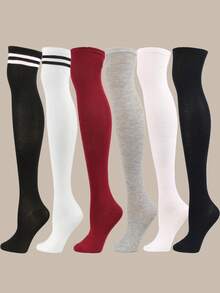 6双装女士条纹纯色过膝长袜，性感学院风，舒适休闲日常穿着，适合学生、表演、JK、Y2K风格，舒适袜子 - 彩色 - 查看 16