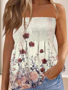 Women's Smocked Ruffle Tube Tops Floral Print Strapless Bandeau Tops Flowy Hem Shirts - Putih - View 3
