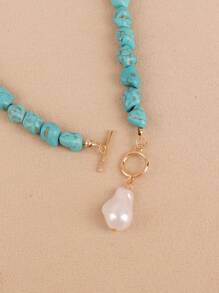 1pc Asymmetrical Turquoise & Faux Pearl Pendant Necklace For Women, Handmade Beaded Necklace With Varying Turquoise Patterns, Suitable For Everyday Wear