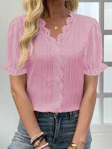 Spring/Summer Casual Solid Color Spliced Lace Trim Puff Sleeve Shirt - Pink - View 3