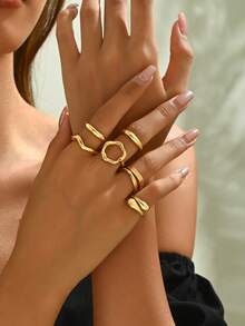 欧美饰品10件套 小众设计 几何弧形戒指 铰接式戒指 夸张开口套装 适合女性日常佩戴 - 10隻戒指 - 查看 6