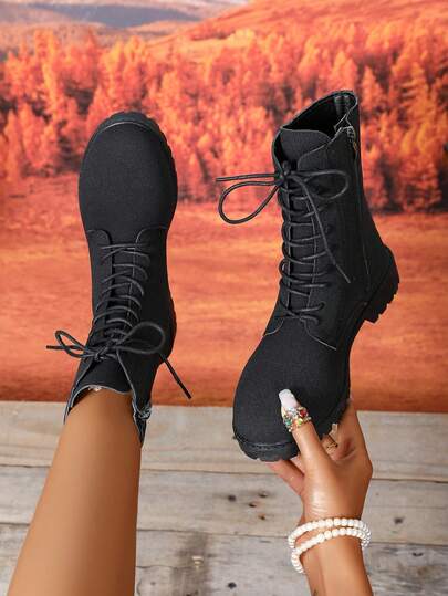 Damen Beige Ankle Boots, Neue Herbst/Winter Komfortable Schnürung, Britischer Stil Rundkopf, Ankle Boots & Booties, Combat Boots, Herbst, Winter, Seitlicher Reißverschluss, Plateauabsatz, Flach, Lässig & Vielseitig Schwarze Chelsea Boots