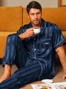 2pcs Men's Pajama Set, Fashionable Striped Jacquard Fabric, Short Sleeve Top And Long Pants, Casual Sleepwear, Letter Embroidered Pajama Set, Spring/Summer - Blue - View 4