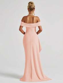 Sexy Off Shoulder Slit Elegant Fitted Long Dress, Super Long Formal Gown For Weddings, Bridesmaid Dress, Christmas Party Dress, Cocktail & Formal Gown - Coral Pink - View 9