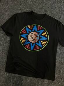 Camiseta Hombre Sol Tótem Circular con Dise?o Geométrico Colorido 220g Algodón Grueso - Negro - Ver 3
