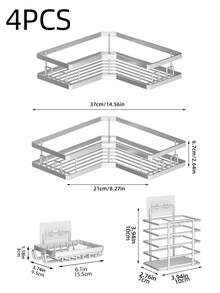 4pcs Rustproof Shower Corner Caddy With Hooks, Wall Mounted Adhesive Shower Organizer Shelf, Bathroom Storage Rack,Wall Mounted Floating Shelves - Silver - View 5