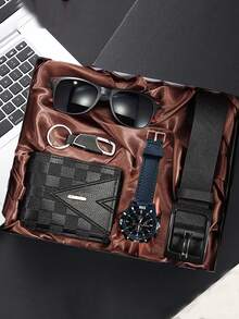 5件套：男士休闲创意石英表、钱包、钥匙扣、皮带、太阳镜礼盒套装