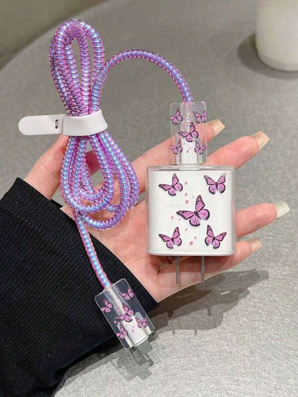 5 pièces Étuis de protection en TPU pour adaptateur de charge et câble de données avec motif papillon violet, compatibles avec le câble d'origine Apple 18/20W, accessoires de chargeur, accessoires de téléphone