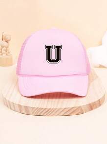 1Pc Children's 26 Letter Printed Baseball Cap, Cute Pink Sunshade Baseball Cap, Mesh Breathable Trucker Cap