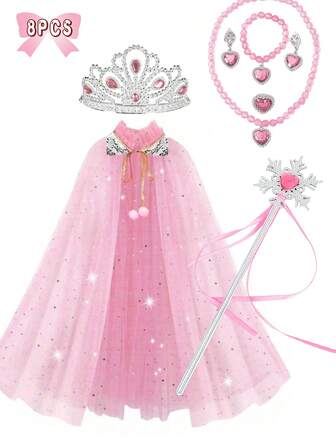 8pcs Princess Magic Set, Including Cape, Heart-Shaped Necklace, Earrings, Bracelet, Ring, Water Drop Crown, Snowflake Magic Wand, Princess Snowflake Set, Magic Wand Set. An Excellent Princess Gift Set For Friends, Suitable For Cosplay, Daily Matching, Easter, Halloween, Birthday Party, Christmas, Party, Thanksgiving, Holiday Decoration.