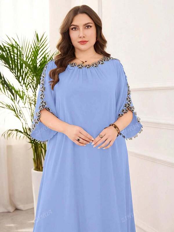 Plus Size Women's Elegant Loose Patchwork Applique Slit-Sleeve Dress