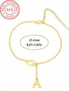 1 Piece 925 Silver Customized Fashionable Classic Hollow Double Heart Initials Anklet. Wear Everyday And On Vacation - Yellow Gold - View 2