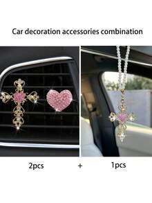 Set de 2 o 3 piezas de decoración con piedras preciosas en forma de corazón y cruz para salida de aire acondicionado de coche, con colgante de cruz para espejo retrovisor de coche como decoración interior - Unitalla - Ver 12