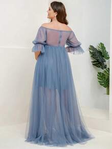 EVERPRETTY Váy phù dâu tay bồng hở vai thanh lịch cỡ lớn Váy chụp ảnh trang trọng cho tiệc tối dự tiệc đặc biệt - Màu xanh bụi bặm - Xem 3