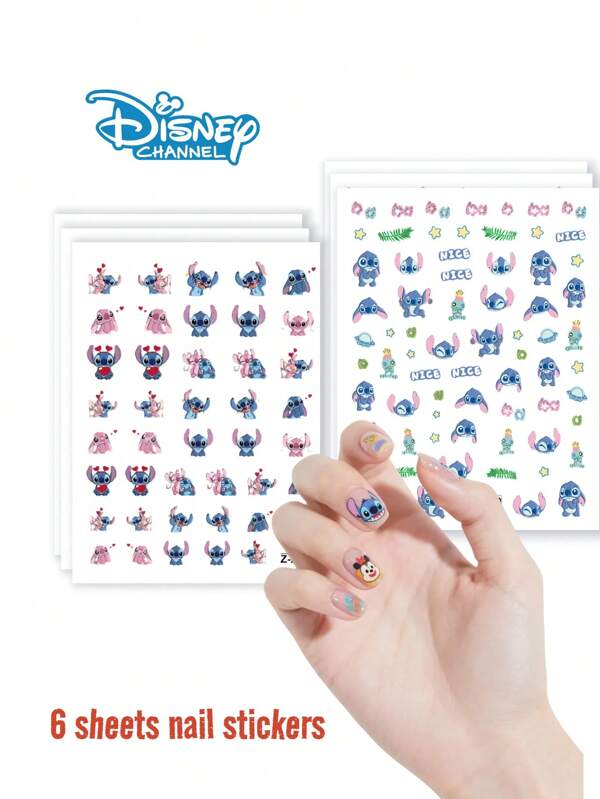 Disney Disney 6 Sheets 5D Relief Sewing Nail Stickers, Nail Art Stickers Stitch Cute Diy Decorative Self-Adhesive, Matte Finish, Cartoon Design With Heart And Flower, Ideal Ceramic Surface.