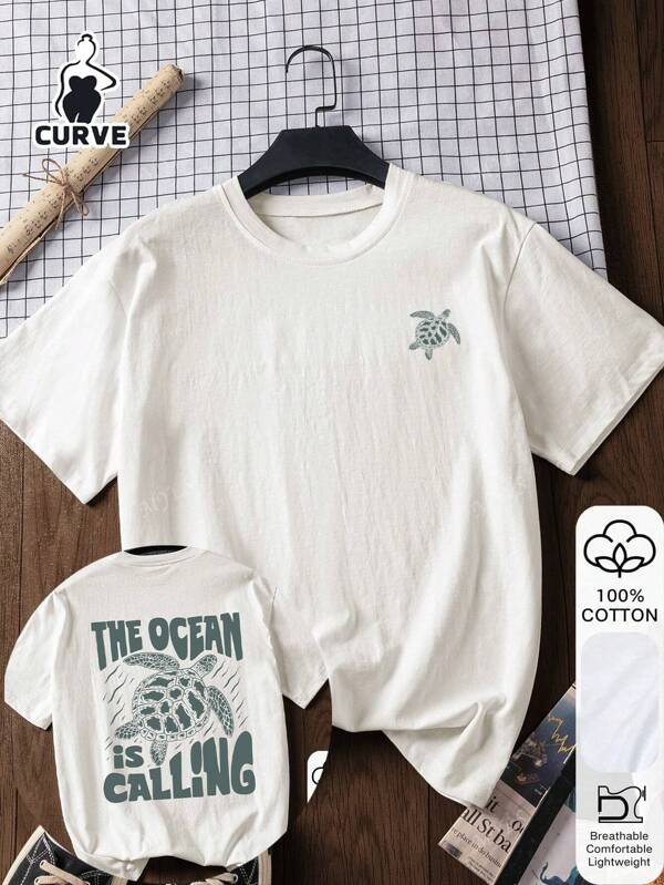 Schildkröten-Muster, Sommer Große Größen Damen Baumwolle Kurzarm Lässig T-Shirt, Sommer T-Shirt, Lässig Damen Outfit, Weißes Oberteil, Grafik T-Shirt, Baumwolle T-Shirt