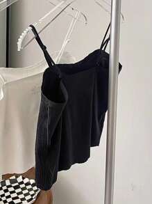 1pc Women's Black Wavy Camisole Bra, Seamless Backless Bra Top With Padded Lining, Suitable For Layering