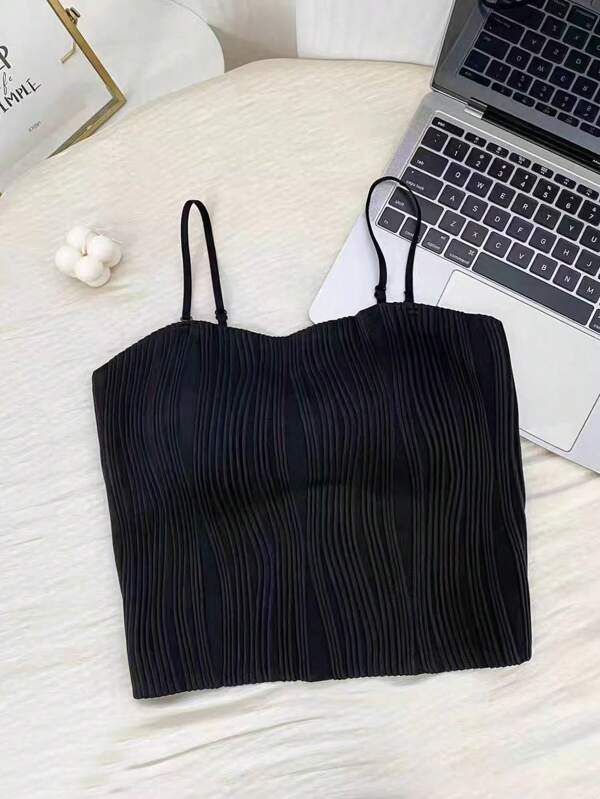 1pc Women's Black Wavy Camisole Bra, Seamless Backless Bra Top With Padded Lining, Suitable For Layering