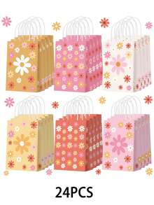 24/12 piezas Bolsas de papel kraft con flores de margarita para regalos de cumpleaños, bolsas para dulces de fiesta de novia, bolsas de regalo para fiestas de boda y cumpleaños - Multicolor - Ver 10