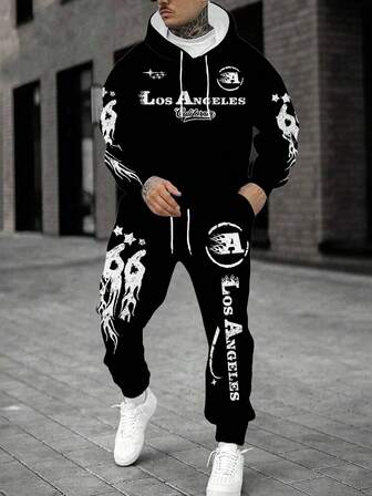 Men's Letter Graphic Print Casual Hoodie Set, Comfortable Versatile Hooded Sweatshirt Outfit
