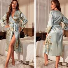 1 Piece Home Print Long Sleeve Nightgown Thin Lady Lace Morninggown PJ's Ice Bathrobe Back To School