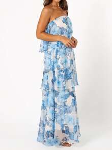 Women Summer Boho Strapless Maxi Dress 2025 Casual Sleeveless Off Shoulder Floral Ruffle Layered Party Long Dress Beach Sundress