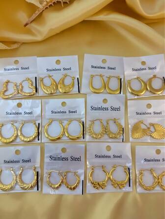 12-Piece Earrings Set: Titanium Steel Earrings, Geometric Secret Realm, Retro Echo Stud Earrings, Future Mirror, Perfect Gifts For Ladies To Give To Their Families.