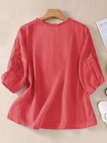 Women's Spring/Summer Viscose Embroidery Lightweight Loose Retro Mid-Sleeve Blouse - Đỏ - Xem 8