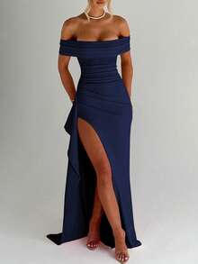 Sexy Off-Shoulder Slit Elegant Fitted Dress, Wedding Extra Long Formal Gown, Bridesmaid Dress, Christmas Party Dress, Cocktail Formal Dress - Navy Blue - View 8