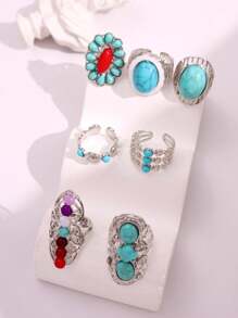 Juego de 7 piezas de anillos de tono turquesa y plateado de aleación con diseño elegante y vintage, apropiado para uso diario, festivales y fiestas