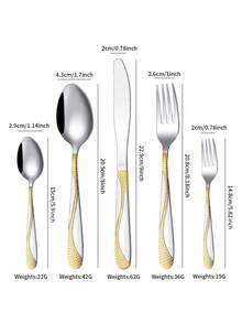 6/24/30 قطعة طقم أدوات مائدة من الفولاذ المقاوم للصدأ - أدوات مائدة فضية ذات مقابض دائرية أنيقة، مناسبة لتجمعات العائلة والمطاعم والتخييم في الهواء الطلق، آمنة للغسل في غسالة الأطباق، لوازم مدرسية - مطلي بالفضة والذهب - مشاهدة 2