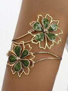 1件优雅复古金色金属手镯，饰以绿色大理石花卉图案 - 夸张不对称镂空花朵设计，适合日常佩戴、正式场合、母亲节礼物、派对配饰，工艺精湛，尽显奢华质感。