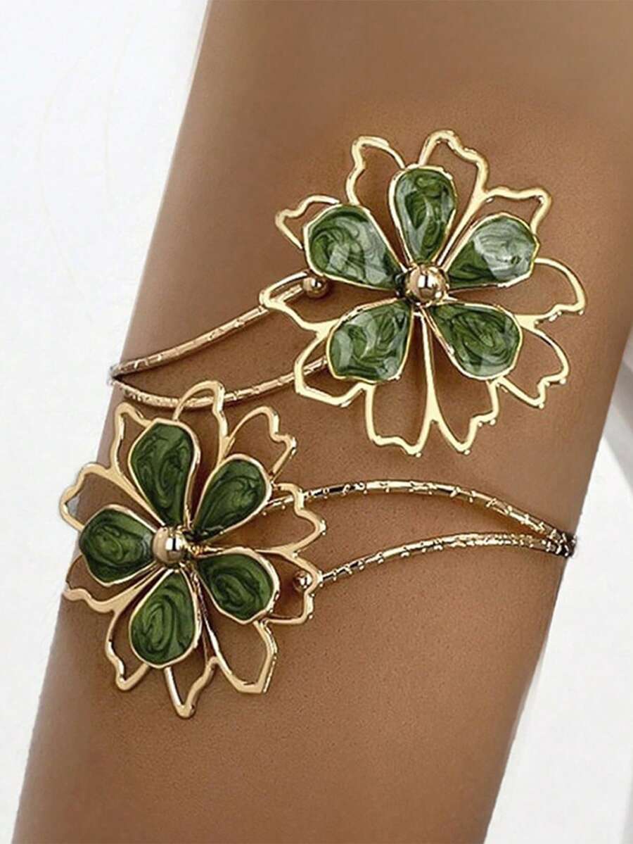 1件优雅复古金色金属手镯，饰以绿色大理石花卉图案 - 夸张不对称镂空花朵设计，适合日常佩戴、正式场合、母亲节礼物、派对配饰，工艺精湛，尽显奢华质感。