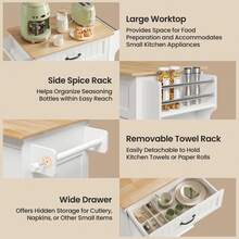 Asofer Kitchen Trolley, Serving Trolley, Side Trolley, Rolling Trolley, With Towel Holder And Spice Board, Kitchen Island On Wheels, Movable Kitchen Trolley With Worktop, Serving Trolley For Kitchen, Dining Room, Hallway, Valentine's Day Ideas - 白色 - 查看 5