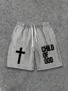 Men's Graphic Washed Shorts, Vintage Letter Print Casual Cotton Drawstring Shorts - 灰色 - 查看 1