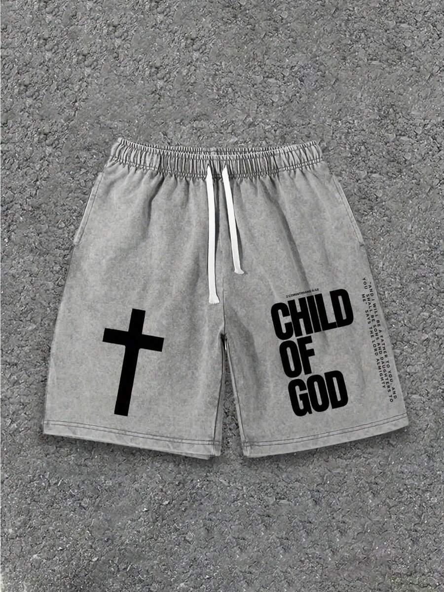 Men's Graphic Washed Shorts, Vintage Letter Print Casual Cotton Drawstring Shorts - 灰色 - 查看 1