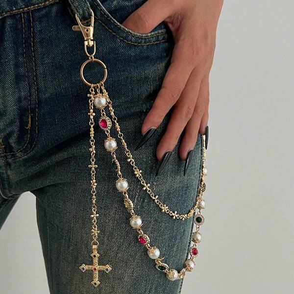 New Punk/Hip-Hop Style Rhinestone Cross Decoration Pant Chain, Colorful Faux Pearl Waist Decoration