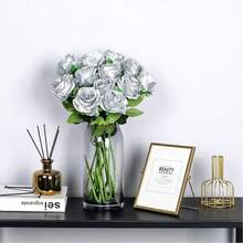 100朵仿真金玫瑰花，适用于DIY婚礼花束、桌面装饰、新娘送礼会、情人节装饰、婴儿派对、家居装饰、室内/室外装饰、花瓶填充物 - 銀色 - 查看 10