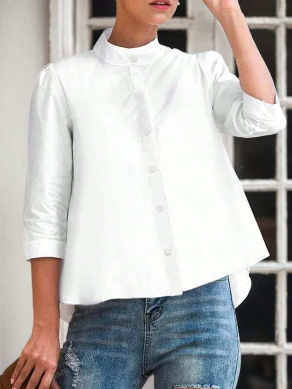 Women's New Fashionable Small Stand Collar Solid Color Elegant Shirt, Spring/Summer