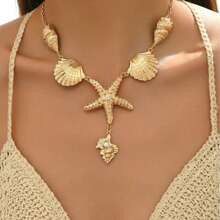 A Summer Beach Exaggerated Style Octopus Dripping Oil Starfish Shell Snail Cross Multi-Layer Diamond Pendant Necklace