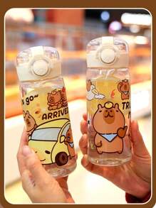 男女通用水豚卡通可重复使用塑料杯（带吸管）- 适合户外、运动和日常使用