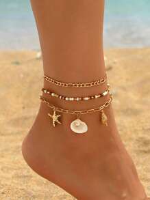 3 Stücke/Set bohemianischer Stil Natürliche Muscheln & Künstliche Perlen Mehrschichtiges Fußkettchen, handgefertigter Schmuck für Frauen, modisch & vielseitig für den täglichen Gebrauch, Strand, Party, Musikfestival