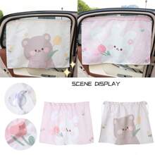 1pc Summer Car Window Sunshade, Cartoon Bear & Rabbit Fabric Material, Car Mounted Heat Insulation Suction Cup Side Curtain, Fits Most Vehicles